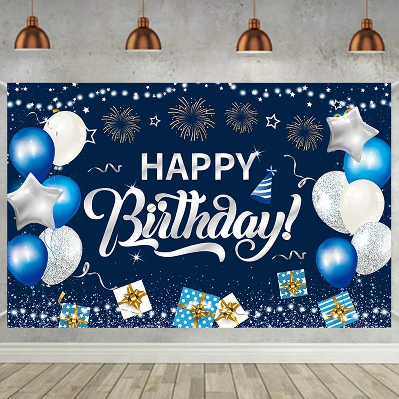115X180cm Happy Birthday Photography Backdrop Blue Glitter Balloon Birthday Party Photo Background Photography Cloth, Durable