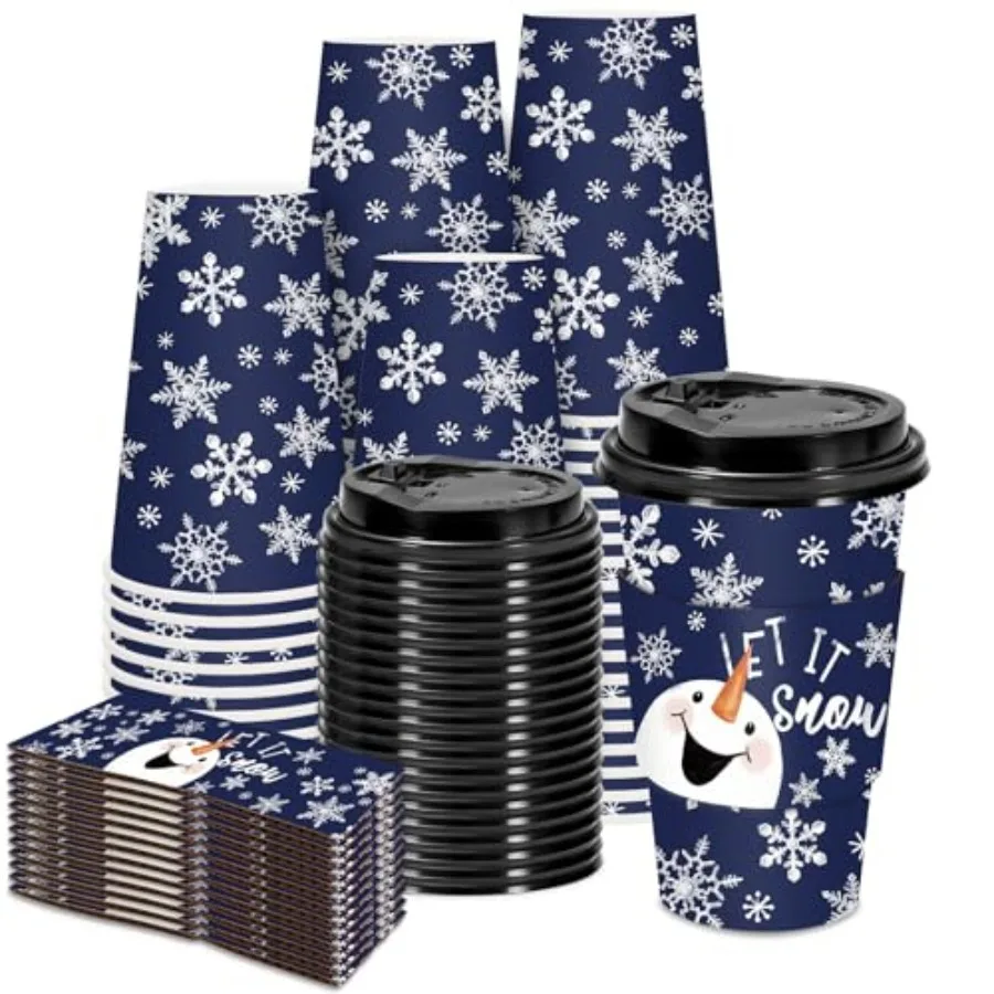 

50 шт. рождественские бумажные стаканчики для кофе с рождественским синим снеговиком и снежинками для зимних праздничных вечеринок, одноразовые, хит продаж
