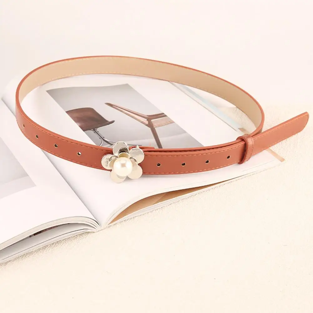 

Lady Belts Adjustable Multi Holes Fitted Jeans Belt Faux Leather Metal Flower Fake Pearl Buckle Women Thin Belt Clothes Ornament