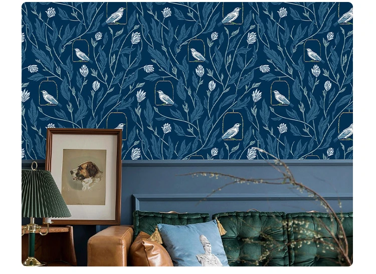 Peel and Stick Wallpaper Antique Blue Floral & Birds Self Adhesive Wallpaper for Bedroom Renter Contact Paper for Wall Cabinet