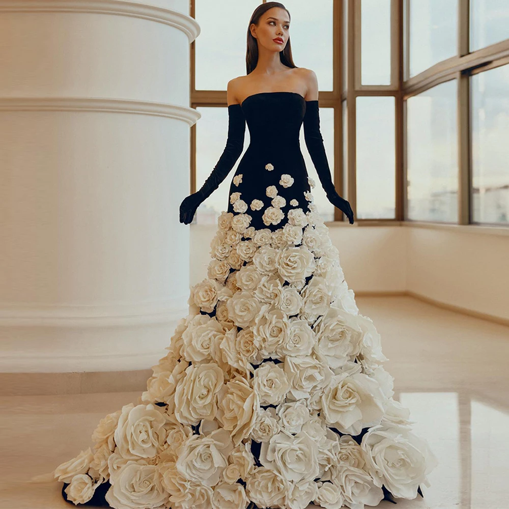 

Customized Delicate Jersey Evening Dress Delicate Boat Neck Prom Dresses Temperament Long Sleeves Flowers Special Occasion Gowns