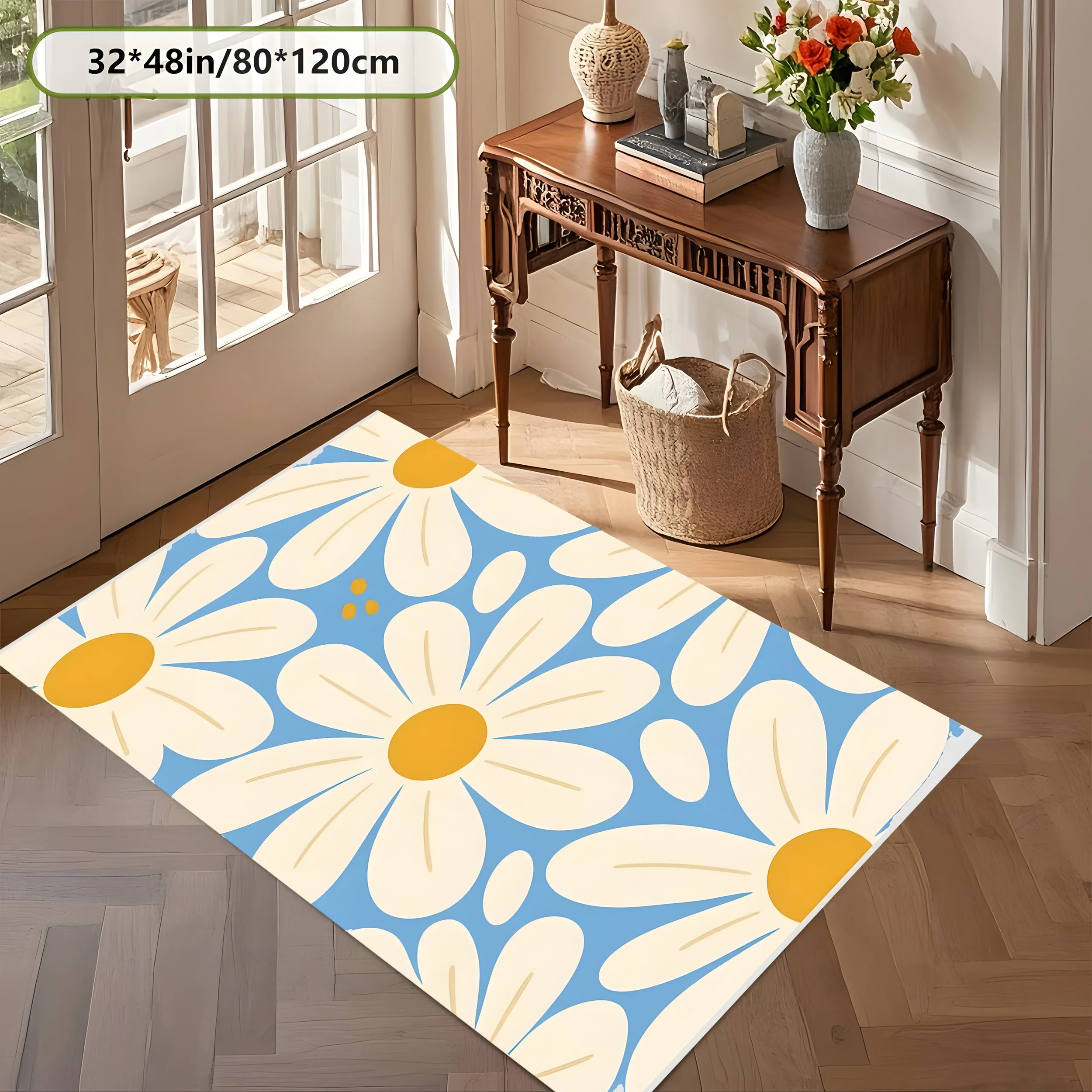 Blue Large Area Rug with All-Over Daisy Print, Fresh Instagram-Worthy Style, for Living Room Bedroom