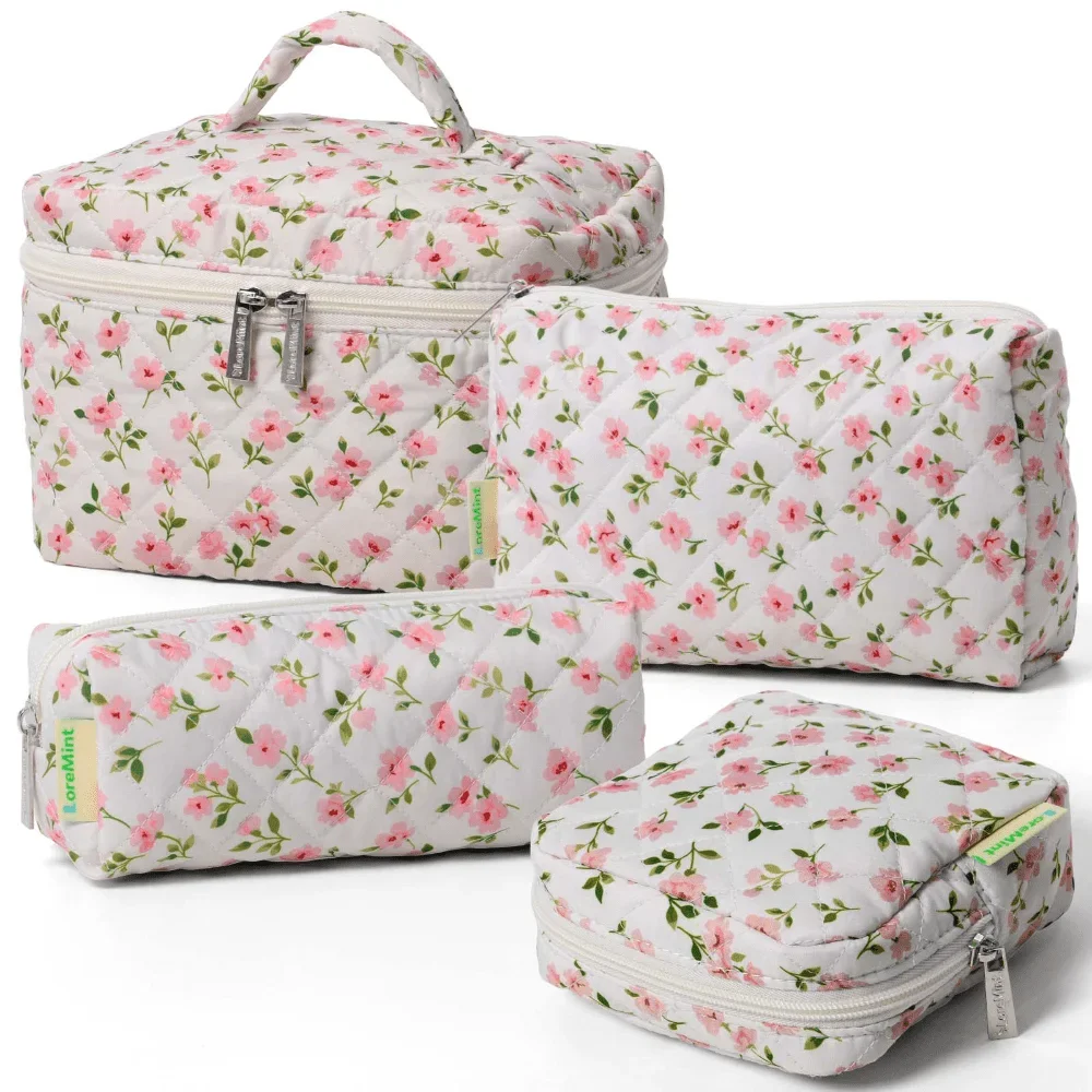4Pcs Pink Floral Quilted Travel Cosmetic Bag Set Soft Vanity Organizer Makeup & Brush Pouches Portable Toiletry Storage Bag for Women