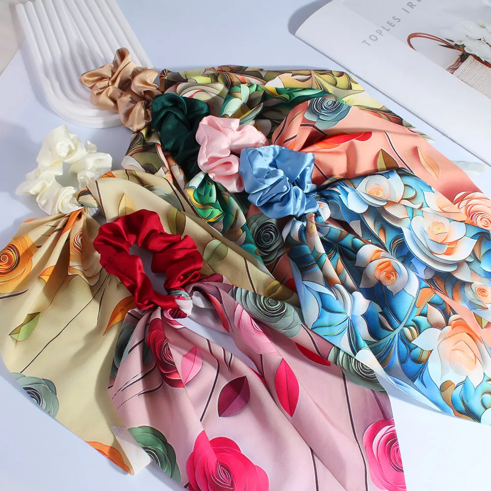 Ikat Rambut Besar Motif Bunga Eropa dan Amerika, Pita Kain untuk Kepala, Ikat Rambut Kuncir Kuda, Grosir, Mengembang