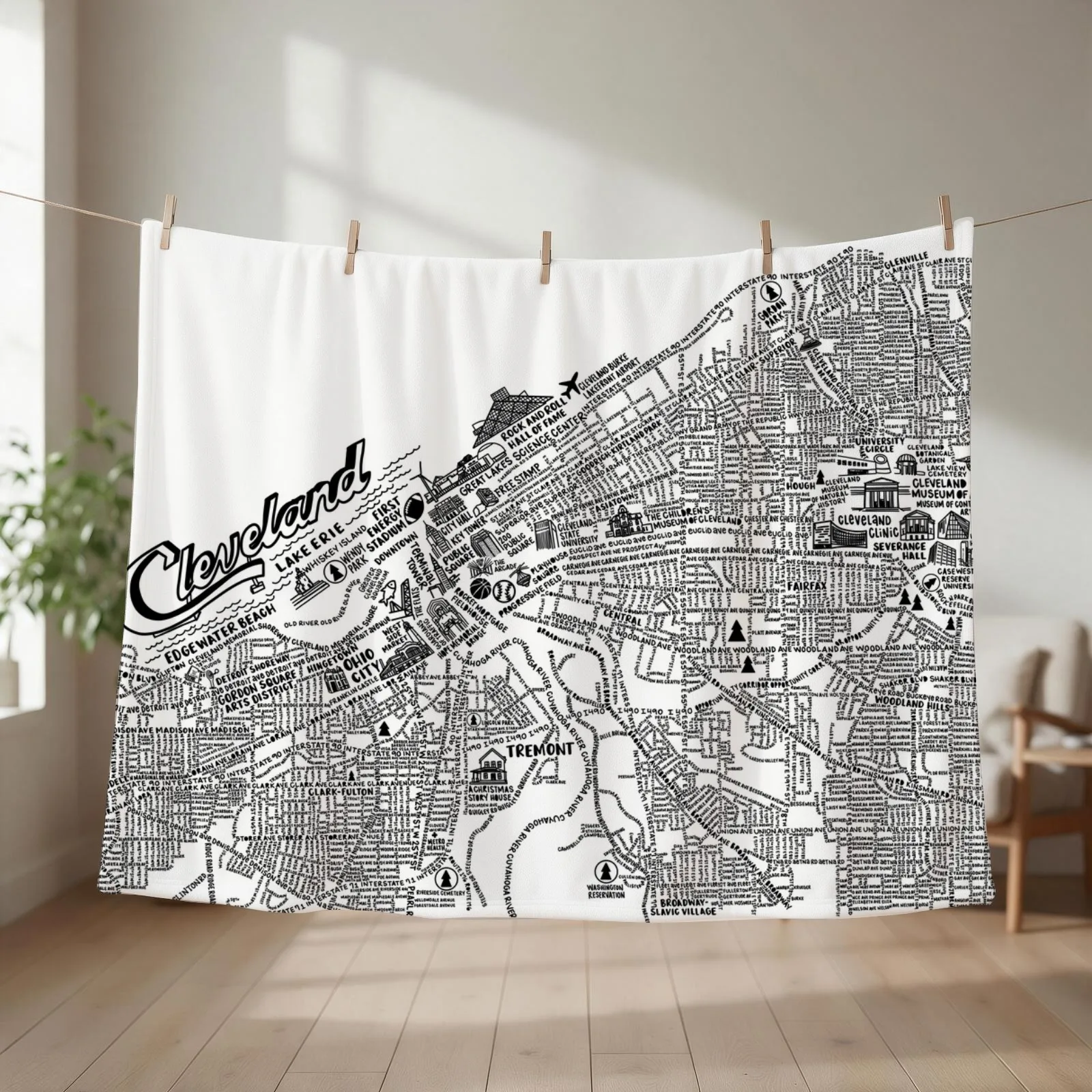 Cleveland Ohio Map Throw Blanket couch cozy soft plush fuzzy picnic outdoor blanket