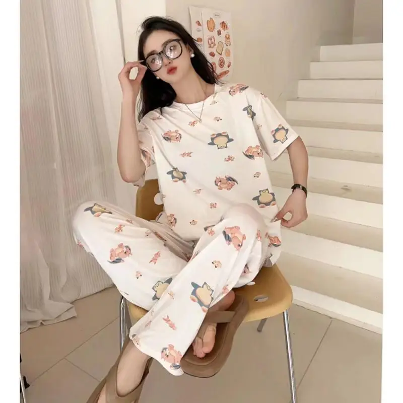 Anime Cartoon Pokemon Snorlax Women\'s Pajamas Summer Modal Print Round Neck Casual Home Wear Short-Sleeved Dress Gift for Friend