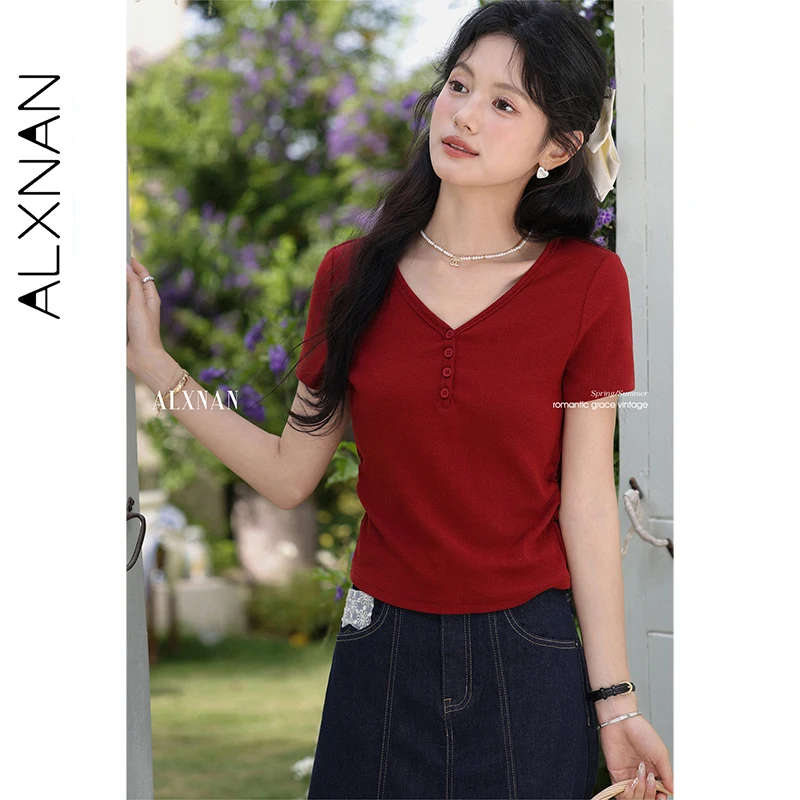 

ALXNAN женская футболка, винтажная красная элегантная облегающая футболка с v-образным вырезом, лето 2024, повседневные модные топы с короткими рукавами, женские L55710