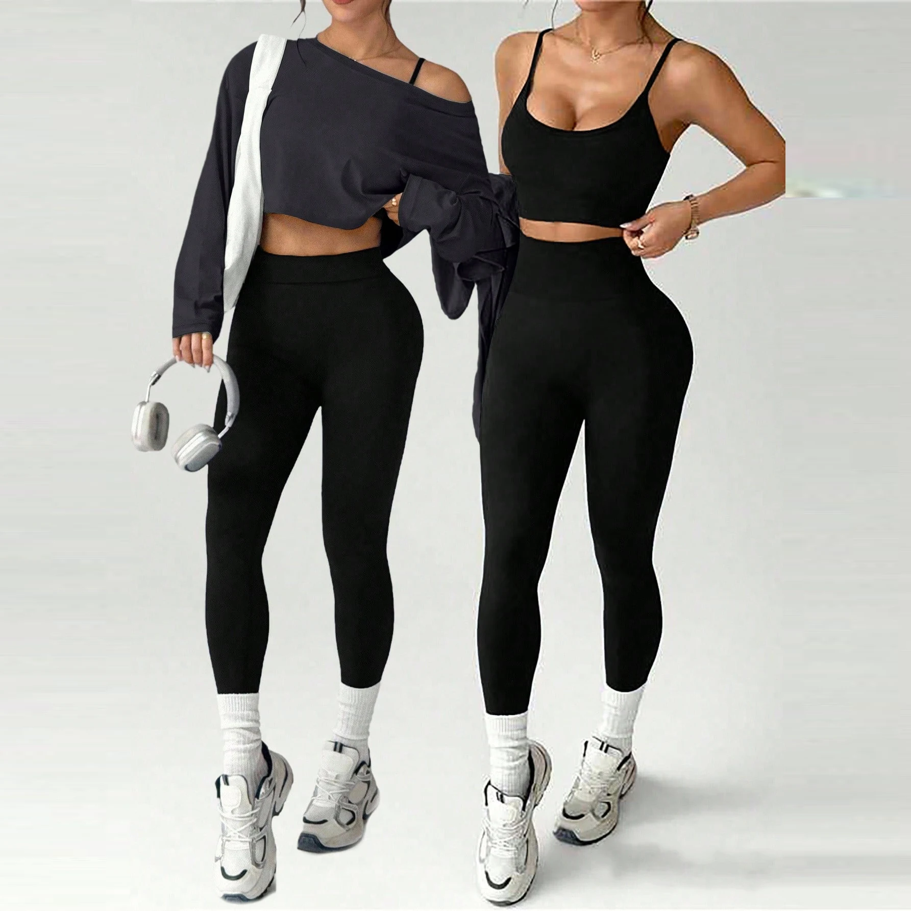 Women 3 PCS Workout Outfits Long Sleeve Crop Tops Sports Bra High Waist Leggingsuits Yoga Sets Gym Fitness Activewear Tracks