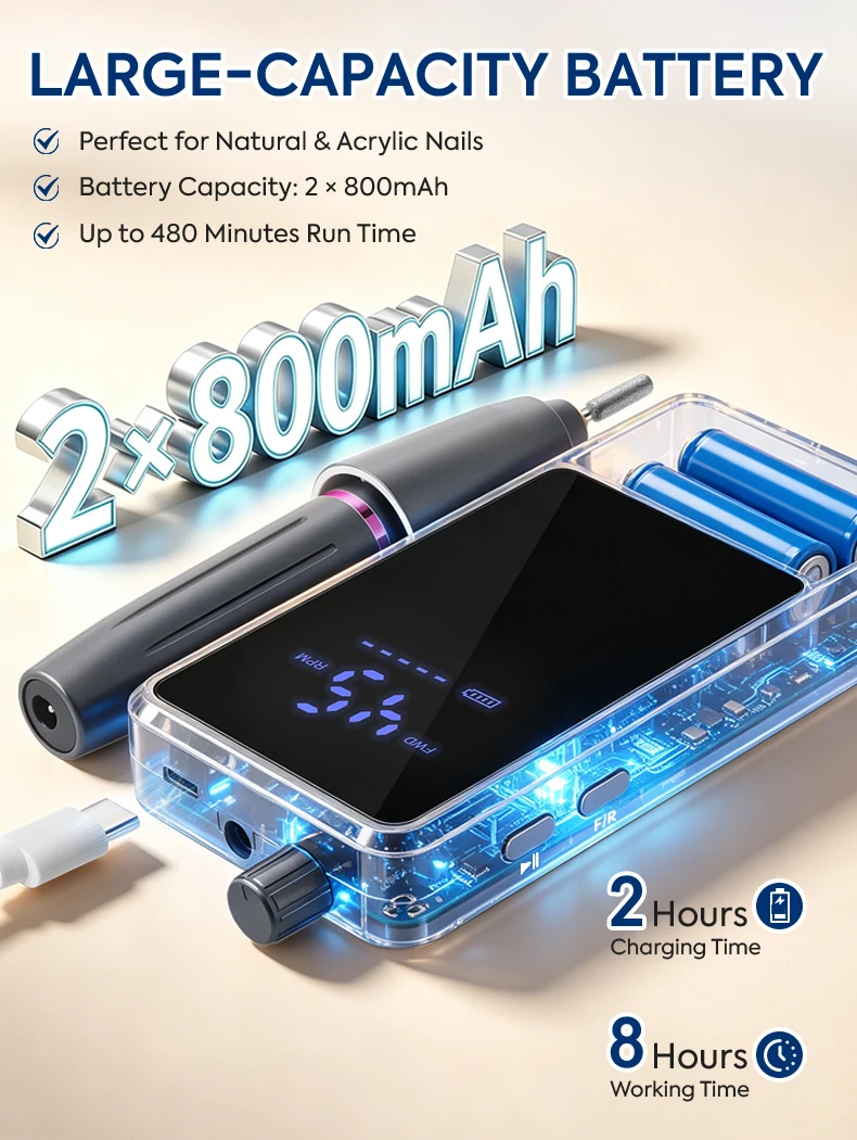 DianaBeauty 45000RPM Wiederaufladbare Elektrische Nagelfräsmaschine Professioneller Nagelpolierer mit LCD-Bildschirm Nagelzubehör – Detail 5