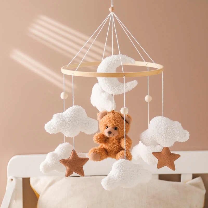 Campana de cama de madera para bebé, juguete colgante móvil de 0 a 12 meses, cuna de bebé, oso de pelo de cordero móvil, muñeca de conejo, soporte de cama de juguete, regalo para niños