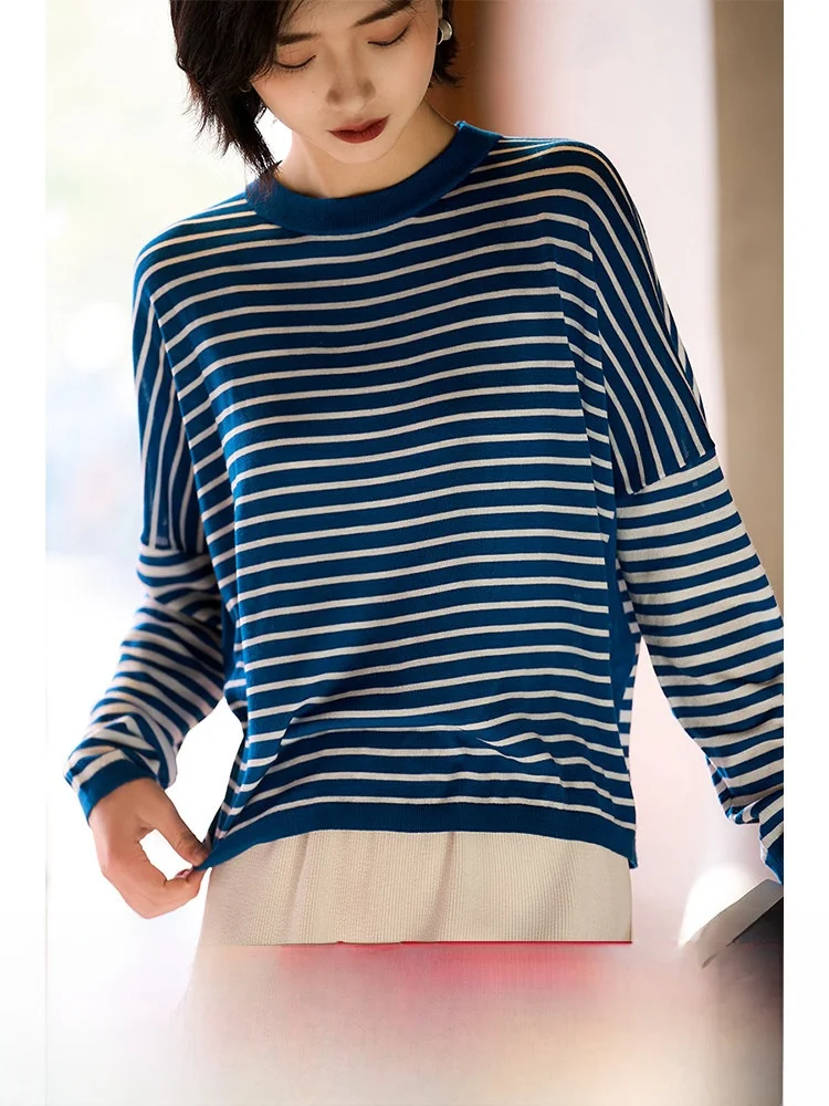 

Модный женский вязаный топ из шерсти Янчжоу, 6-игольная вязка, 20S, в полоску, свободного прямого кроя, с длинным рукавом, круглым вырезом, мягкий, весенний