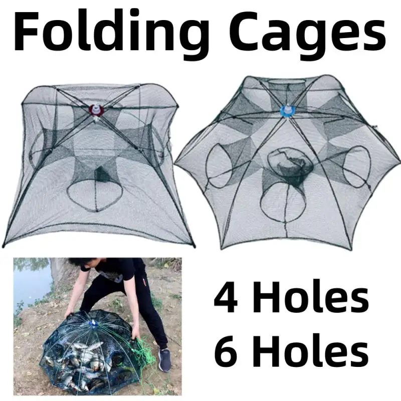 

6/4 Holes Portable Fishing Net Shrimp Cage Nylon Foldable Fish Trap Folding Outdoor Automatic Collapsible