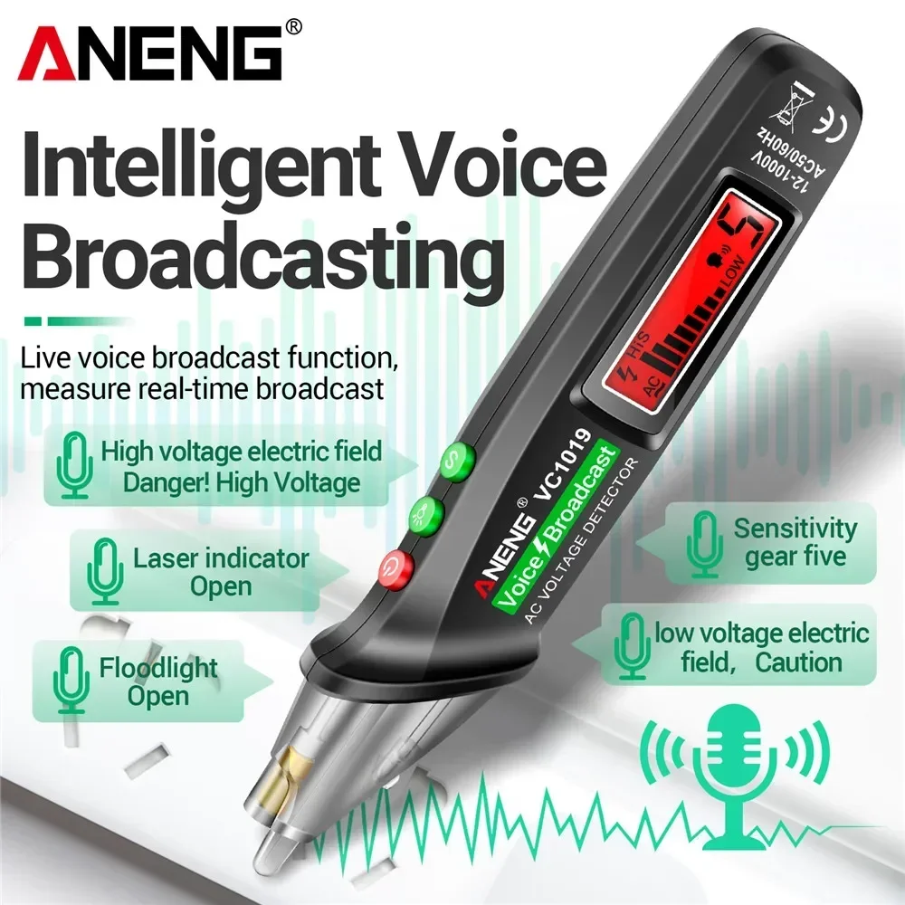 ANENG VC1019 Rilevatori di interruttori automatici, corrente 12V-1000V Volt senza contatto Intelligente Tester per trasmissione vocale Penna Strumenti cavo t