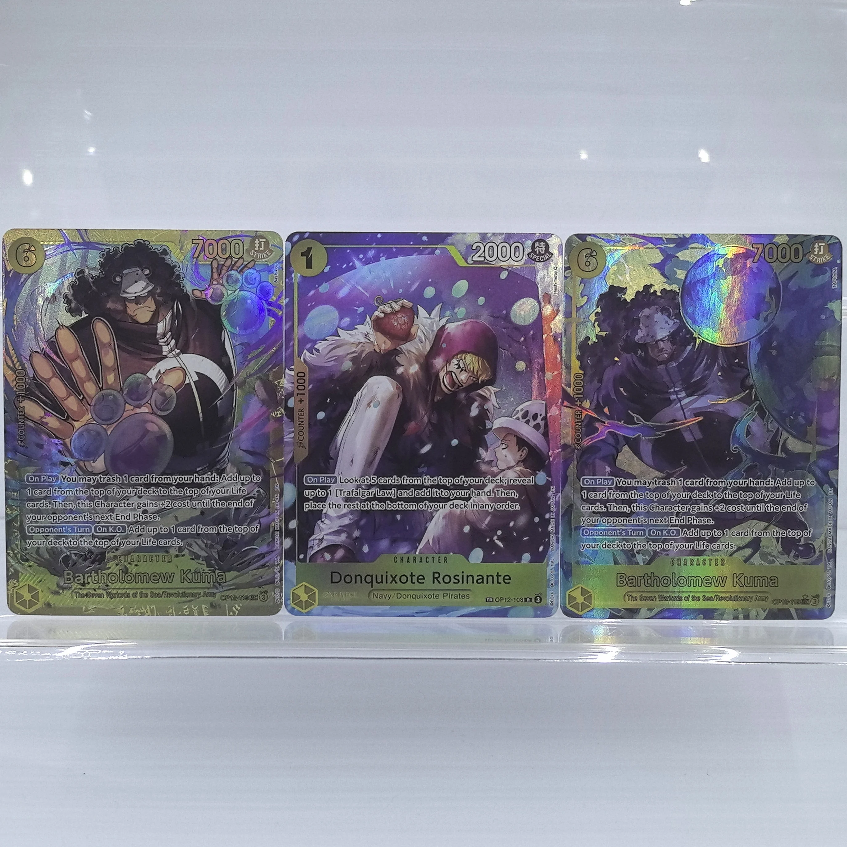One Piece TCG 2026 3pcs Bartholomew Kuma Rosinante Textured Holo Foil DIY Rare English Collectible Trading Card NM/M Game Card