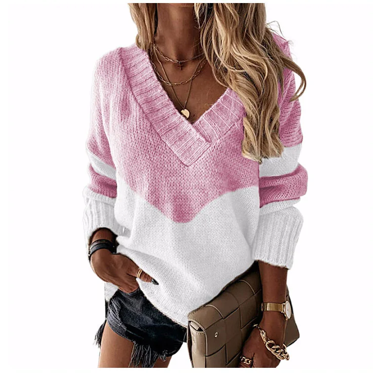 

New 2025 Autumn and Winter Loose Fitting Pullover Sweater, Color Blocked and Contrasting Knit Sweater for Women