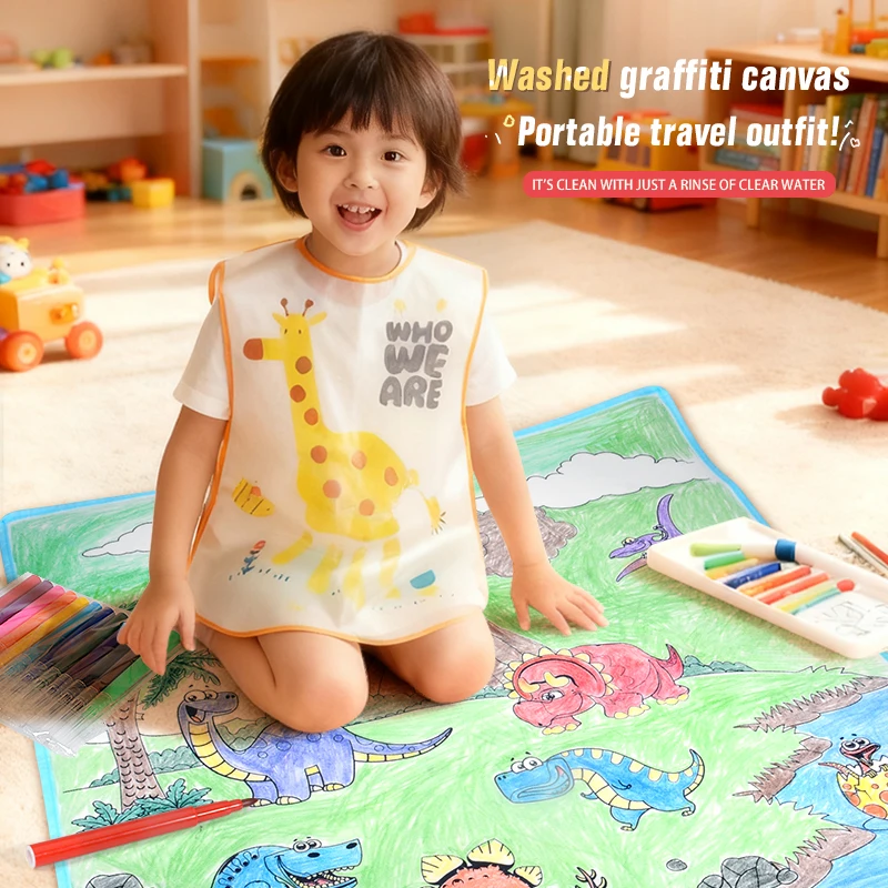 

80x80cm Washable Dinosaur Drawing Mat, Reusable Mess-Free Painting Activity with 12 Markers, Educational Toy for Kids 3+