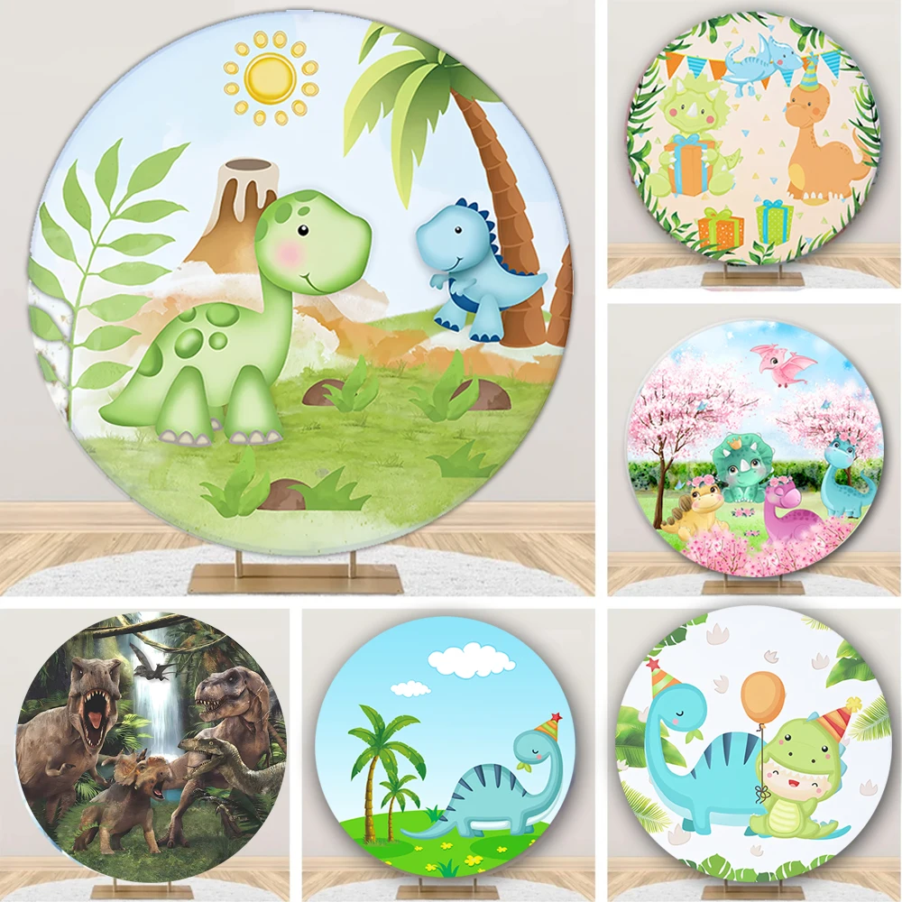 Dinosaur Round Backdrop Photo Backdrop Safari Jungle Green Leaves Child Kid Birthday Customized Photography Backgrounds