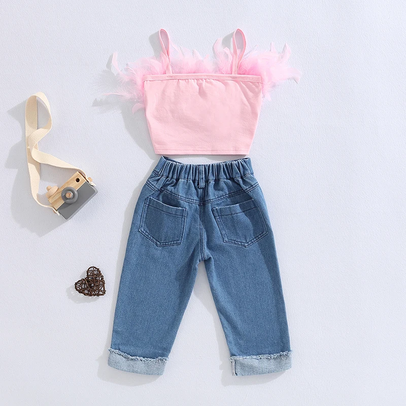 1-6Y Fashion Toddler Girls Clothes Pink Sleeveless Feather Camisole + Crimping Denim Pants with Pockets Summer Street Outfit