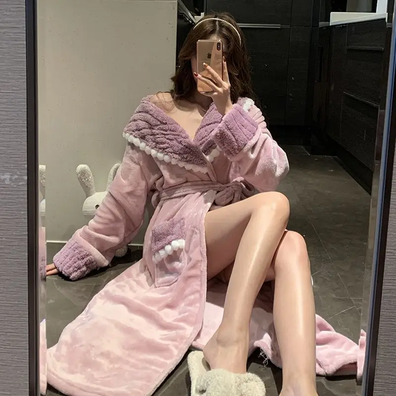 

2025 зимнее милое кружевное толстое теплое фланелевое кимоно с длинными рукавами для женщин, халат из кораллового флиса, одежда для сна, банный халат, ночная рубашка