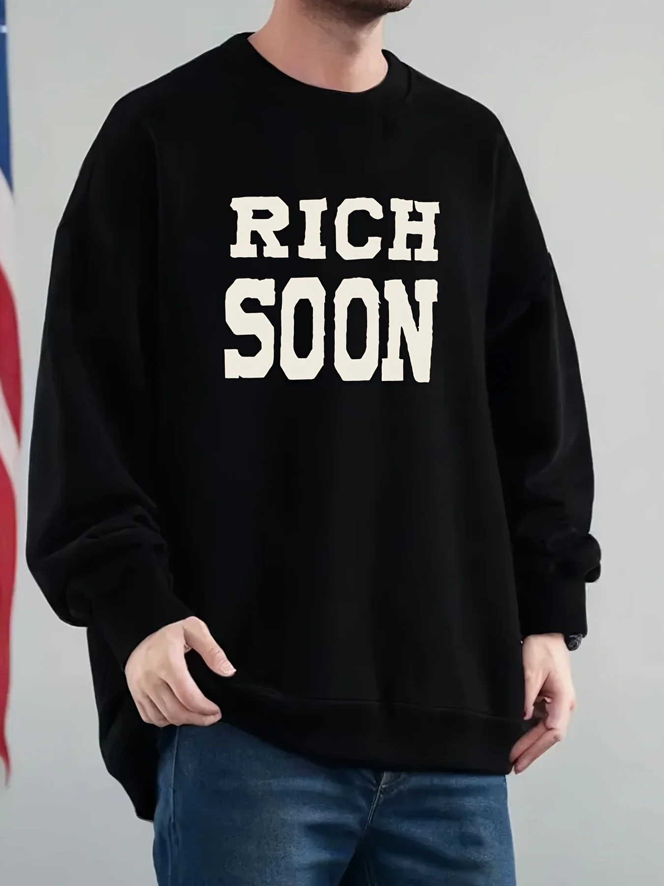 

Rach Soon Мужская утолщенная свободная толстовка с круглым вырезом и флисовым теплым повседневным пуловером с длинными рукавами