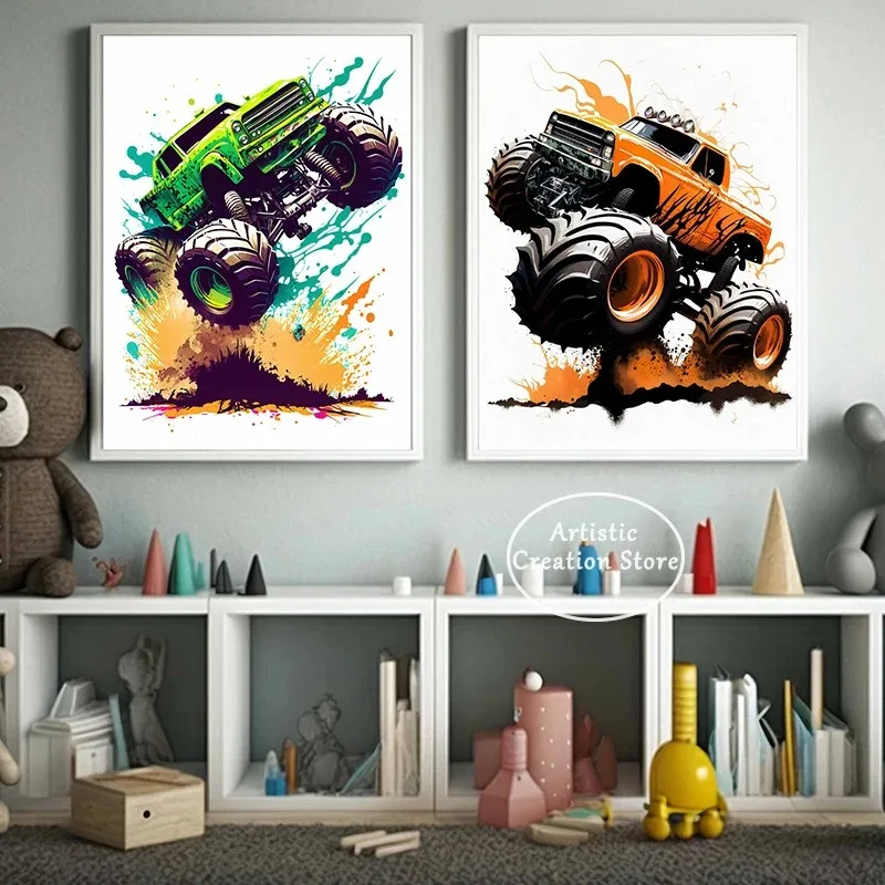 Watercolor Monster Truck Posters Canvas Painting Wall Art Pictures for Living Room Children\'s Home Decor Boys Gifts