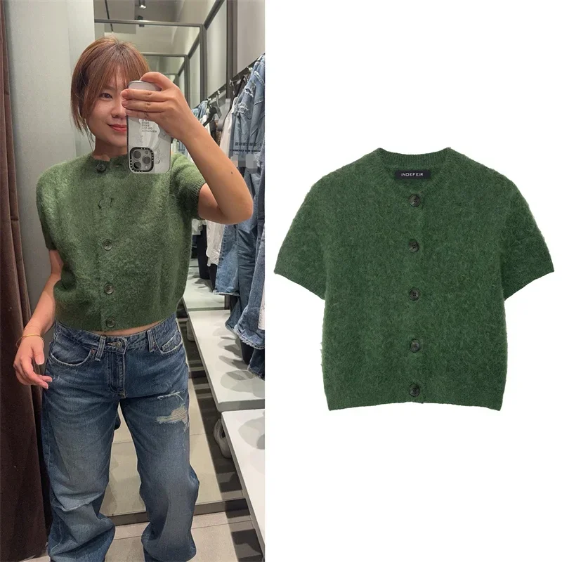 

Women's Short Sleeved Knitted Jacket Autumn Fashion Single Breasted Casual Solid O Neck Female Sweater Cardigan