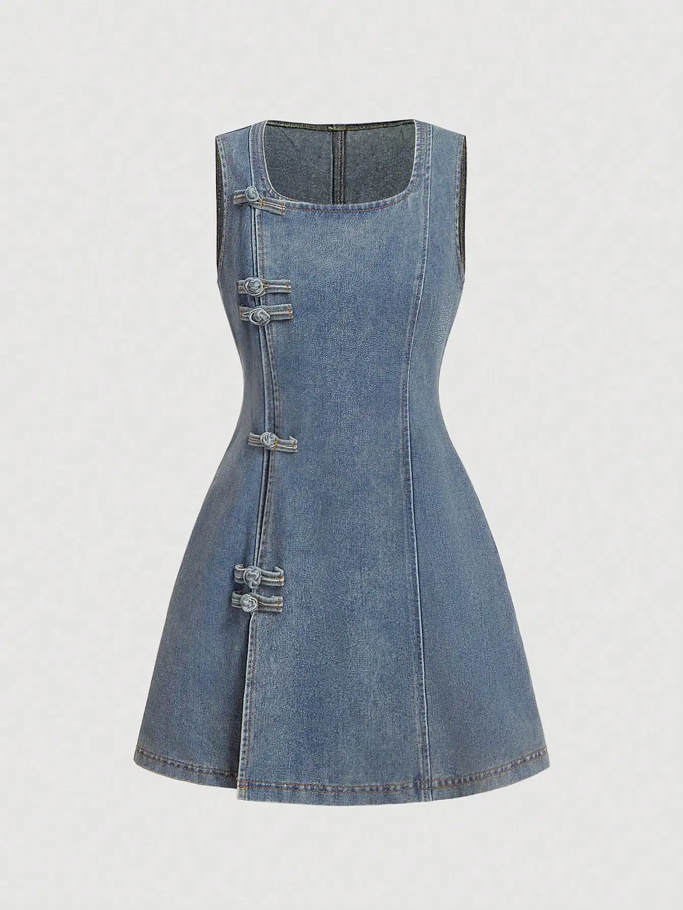 

Women's Sleeveless A-Line Denim Dress with Traditional Knot Buttons