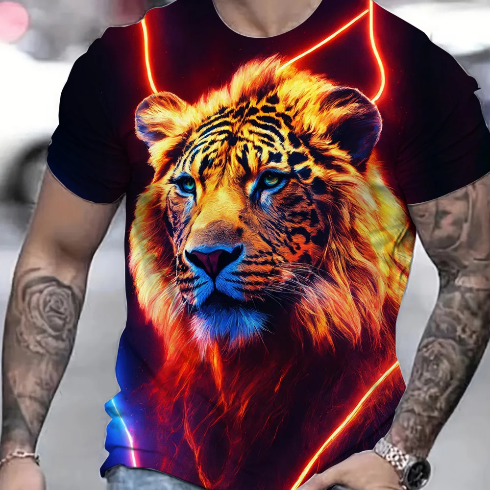 Summer T Shirt Men Casual Lion Pattern Tops Tee Clothing Large Size Animal Print Short Sleeve Outdoor Breathable Sports T-shirt