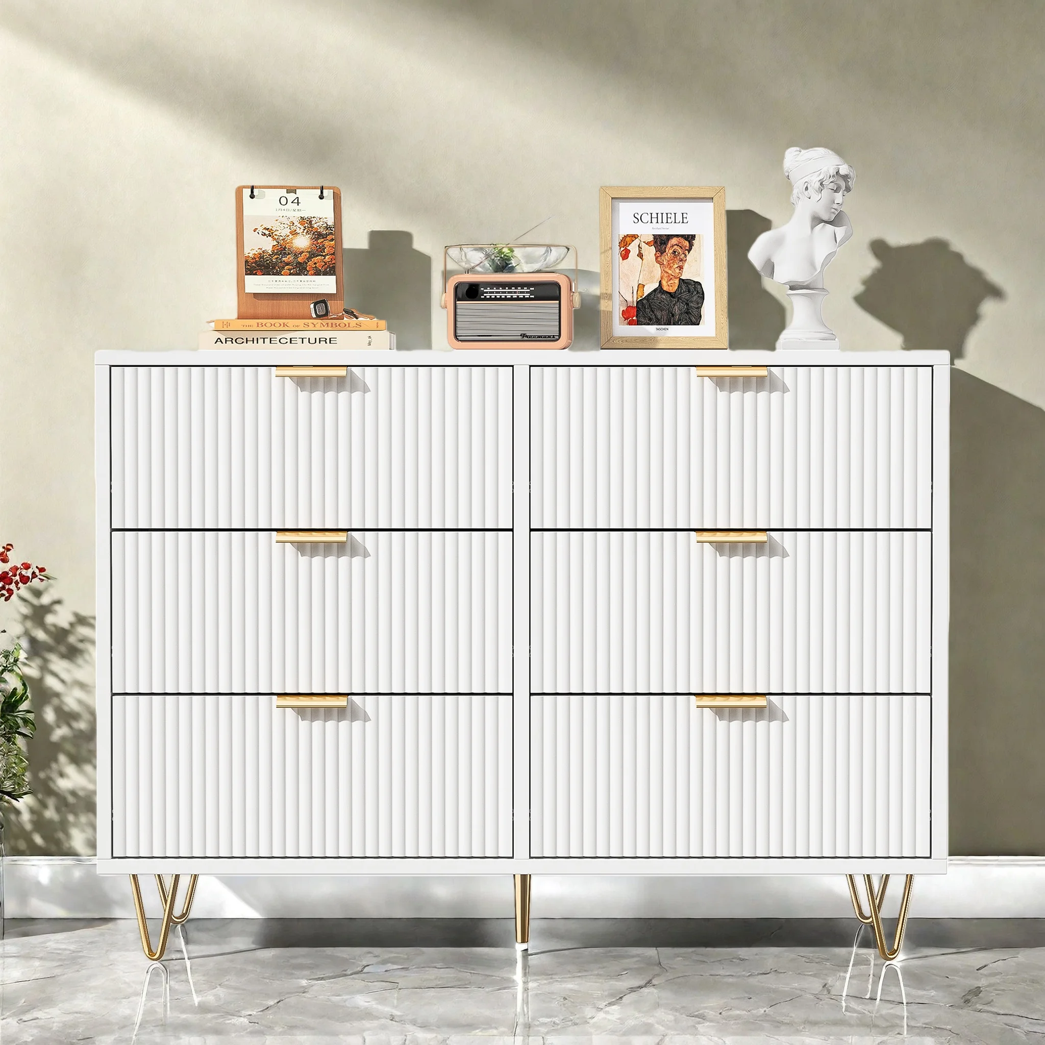 Commode à 6 tiroirs Comanlai à motif ondulé, blanche, armoire de rangement à six tiroirs, armoire de rangement grande capacité pour chambre à coucher et salon