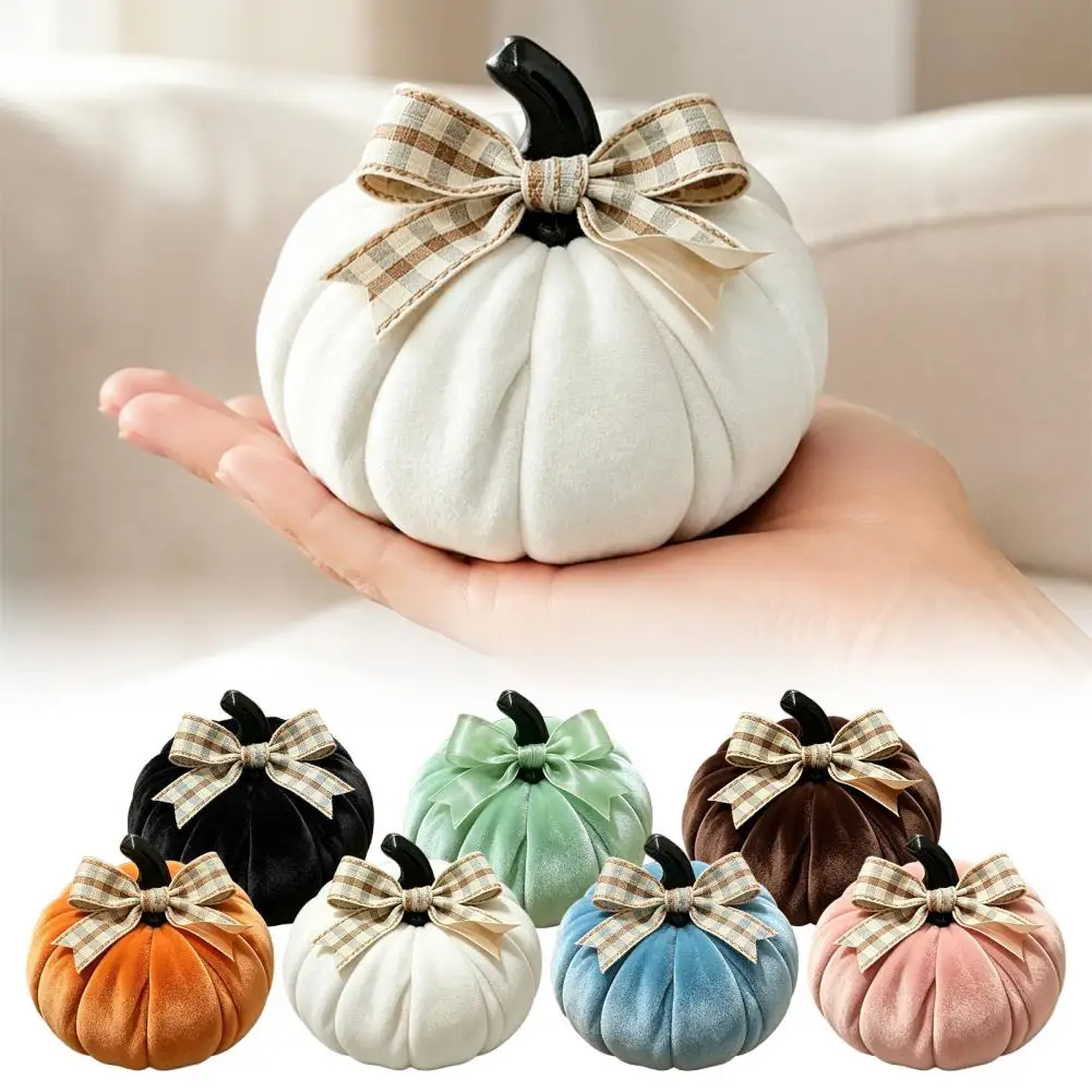 Handmade Stuffed Pumpkins For Thanksgiving Farmhouse Shelf Decorations With Bow Fall Harvest Tabletop Ornaments
