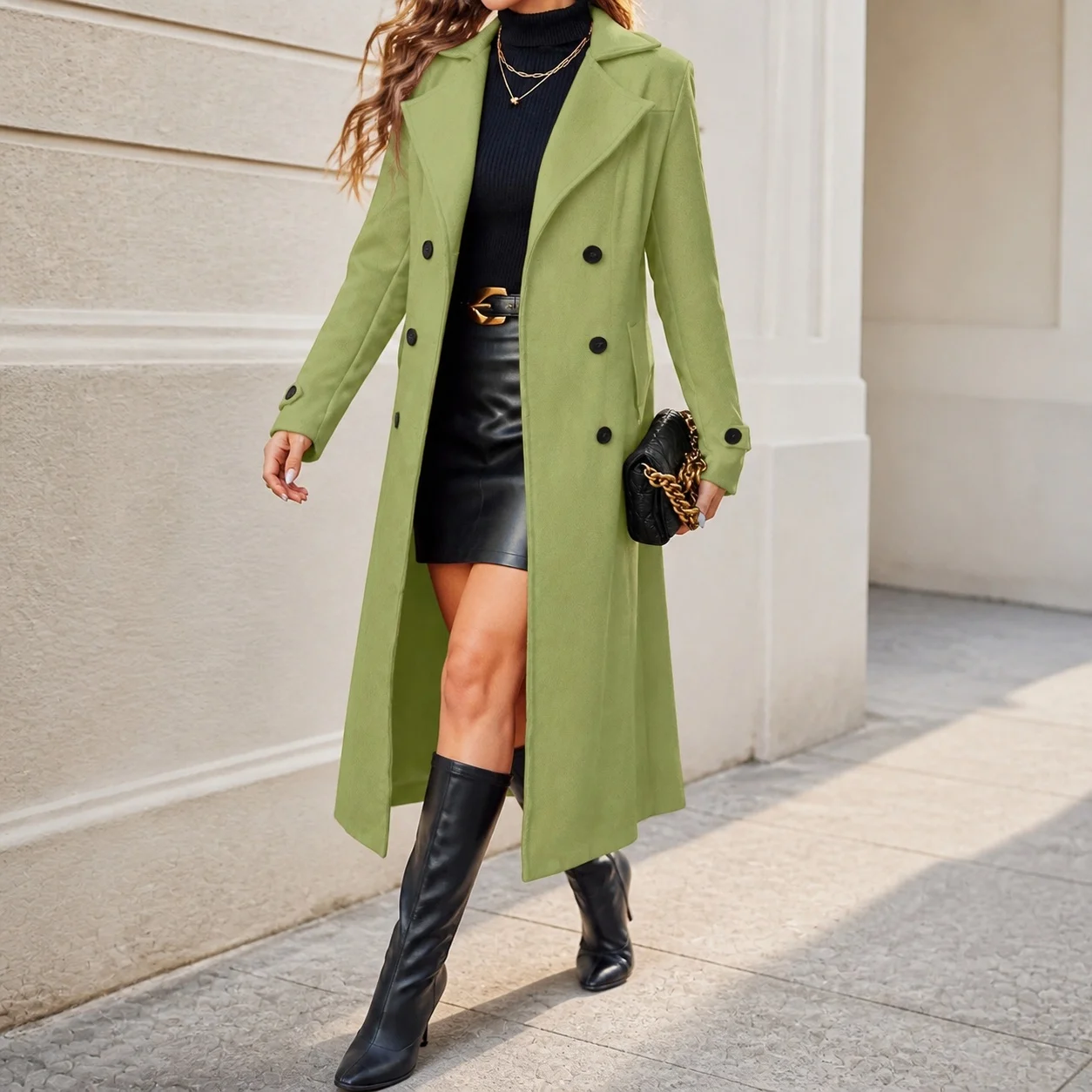 Slim Fit Long Length Coat Commuter Style with Notched Lapel Regular Sleeve Wrinkle Treatment Winter Double Breasted Women Coat