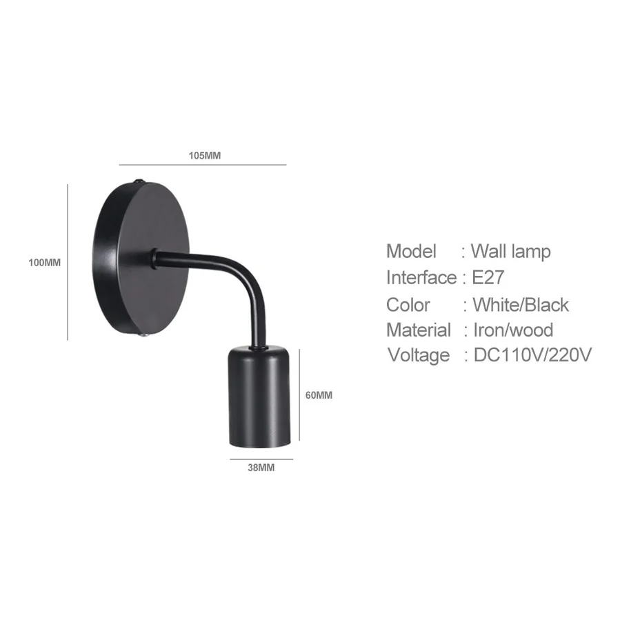 E27 Nordic Modern Wall Lamp Iron Black Indoor Lighting Bedside Bathroom Bedroom Lamp Sconce Wall Light Fixture Decor Industrial