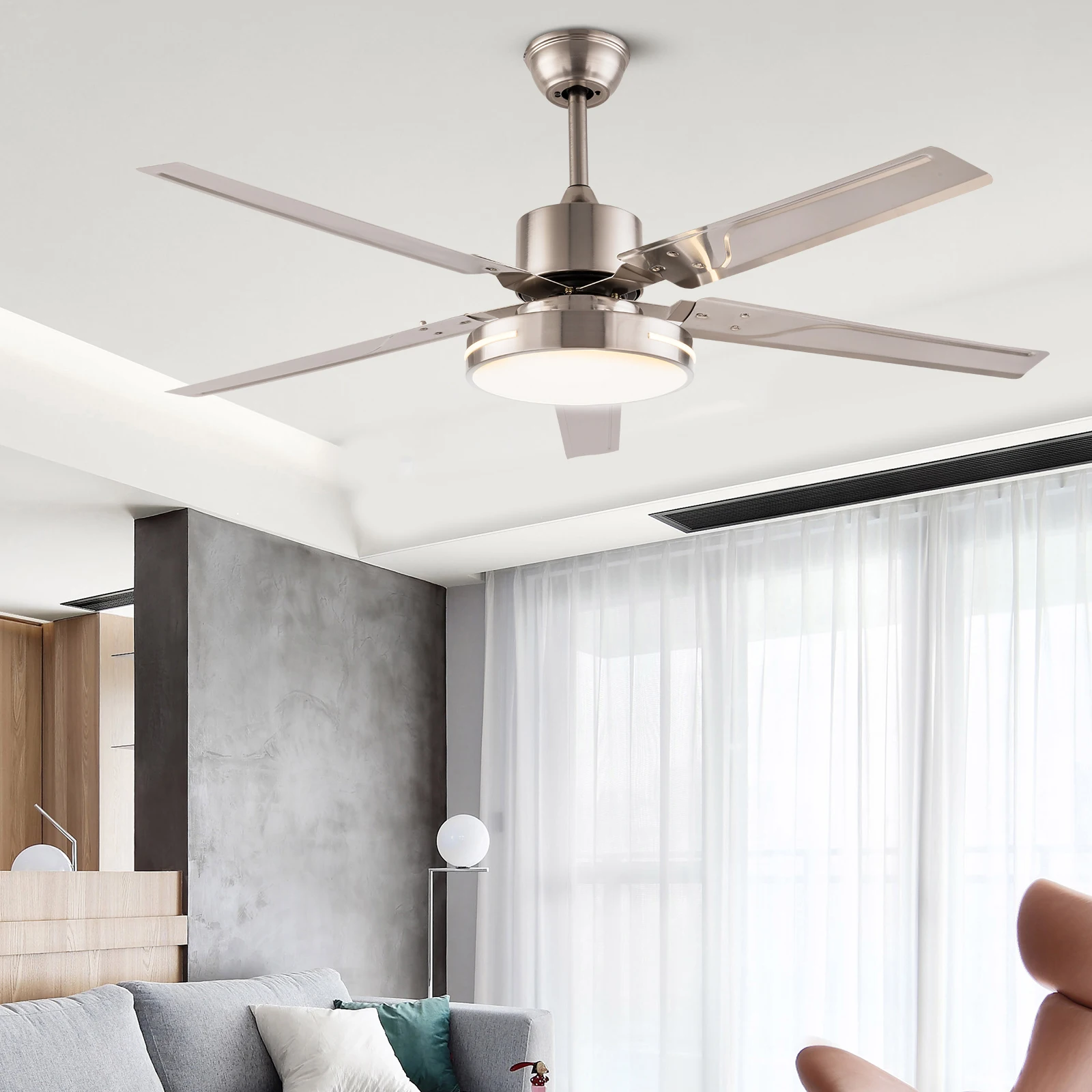 Energy-Efficient Ceiling Fan with LED Light, Low Noise Pure Copper Motor, Stylish Silver Design, 161.46ft² Coverage, Perfect