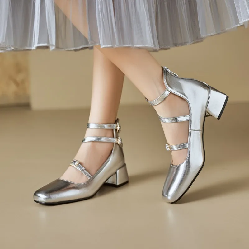 2026 Spring New Women's High Heels Square Head Buckle Back Zipper Casual and Comfortable Daily Wear Size 32-45