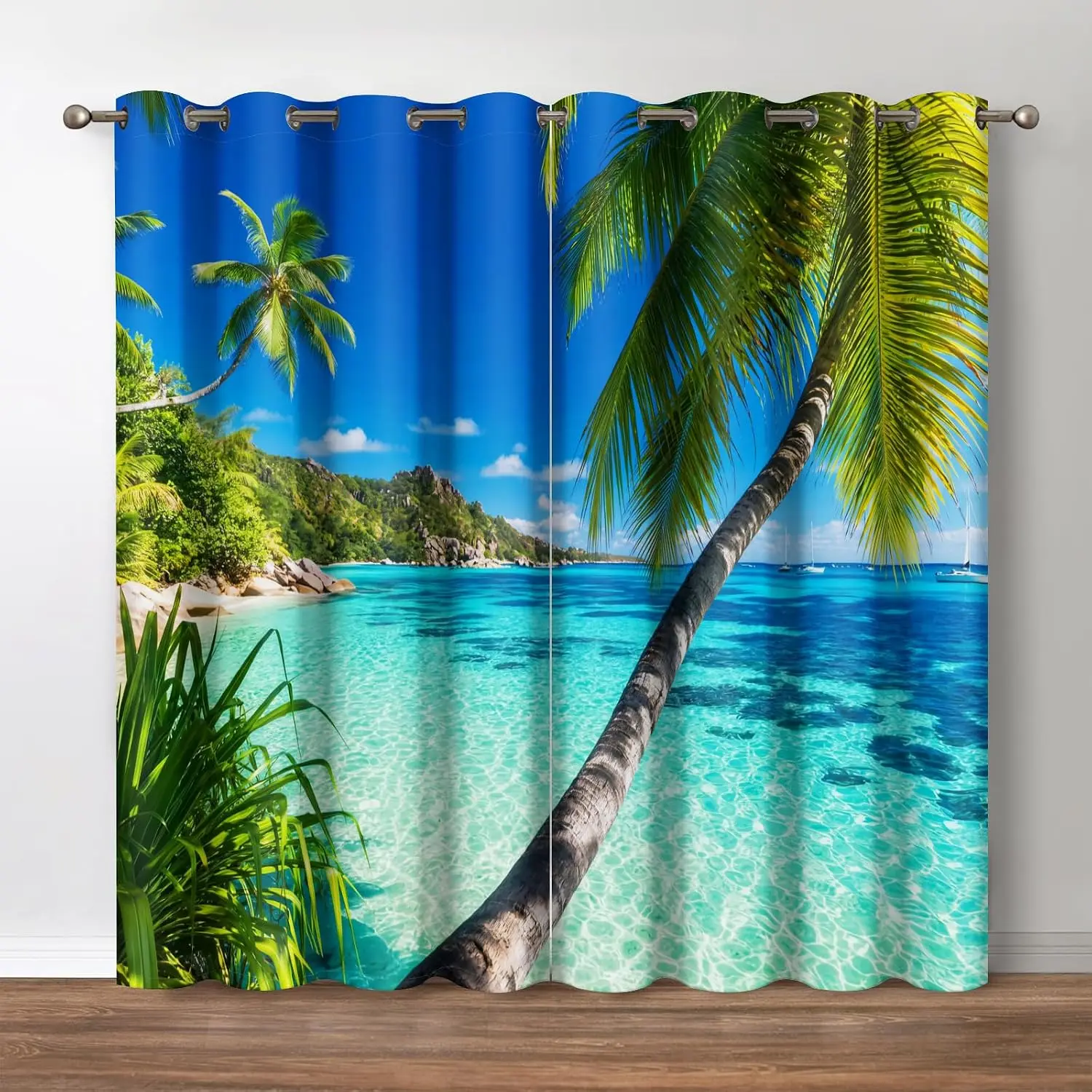 Tropical Beach Ocean View Palm Tree Curtains Polyester Waterproof Window Shower Curtain Tropical Home Decor