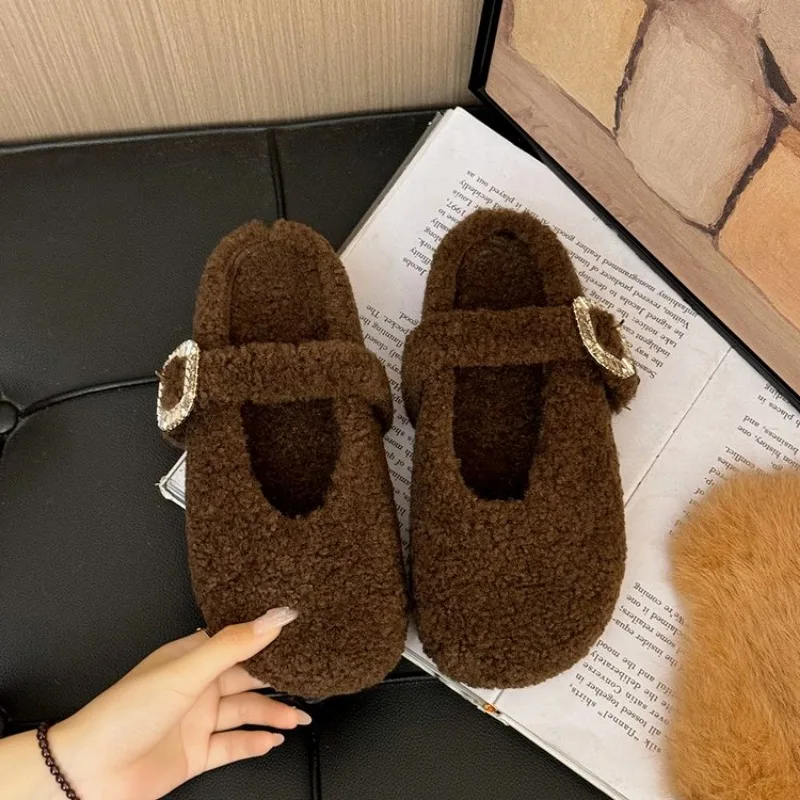 Round Toe Lamb Fur Shoes Woman Furry Mocasines Warm Winter Shoes Female Lambwool Slip on Loers Curly Fur Flats Women Fur Flats