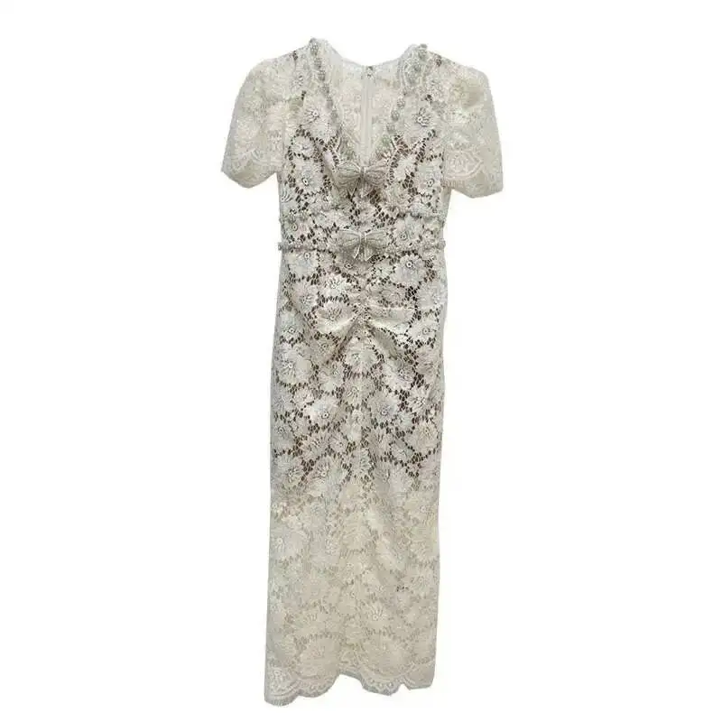 

Luxury Evening Lace Long Dresses Women Summer Holiday Off White Eyelashes Embroidery Crystal Pearl Bow Sheath Pencil Midi Dress