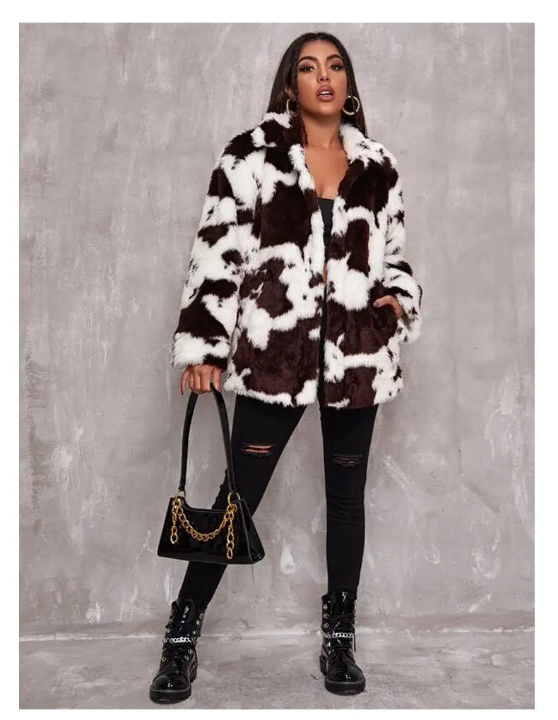 Spring Winter New Fashion Coat Harajuku Cows Printing Loose Full Sleeve Leather Jacket Vintage Flannel Keep Warm Cotton Clothes