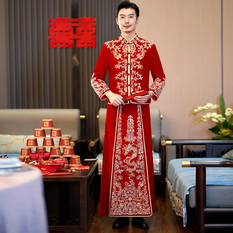 

Chinese Traditional Velour Xiuhe Wedding Suit Clothing for Men's Groom Sets Male Cosplay Bridal Dress Ancient Tang Suit