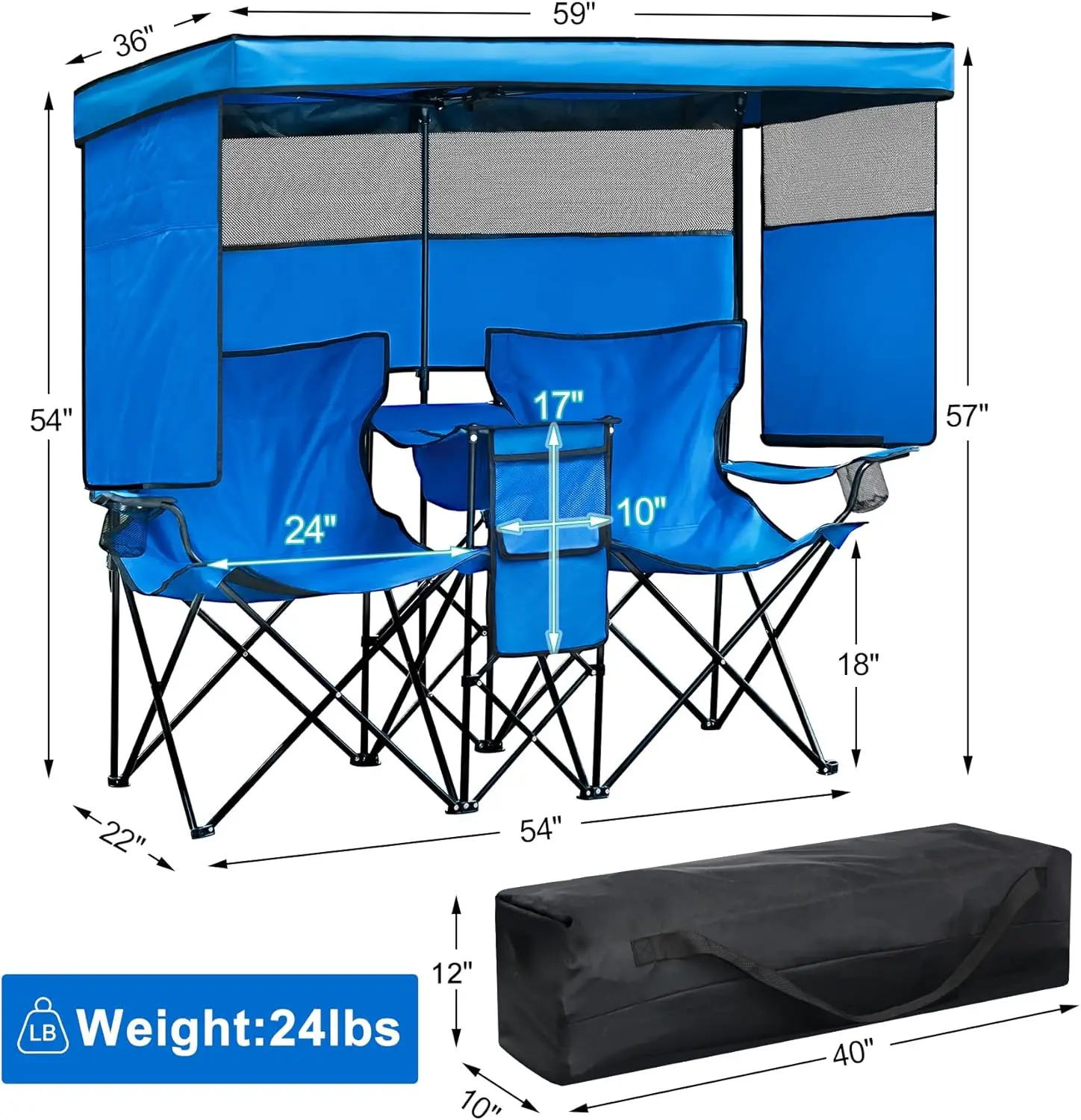 Camping Chair with Canopy Shade Beach Chairs with Cup Holder Heavy Duty Folding Loveseat for Outside Lawn Patio