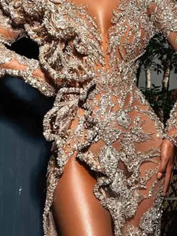 Casual herfst effen kleur split maxi-jurk cocktailparty lange mouwen galajurken dames elegante diepe V pailletten onregelmatige jurk