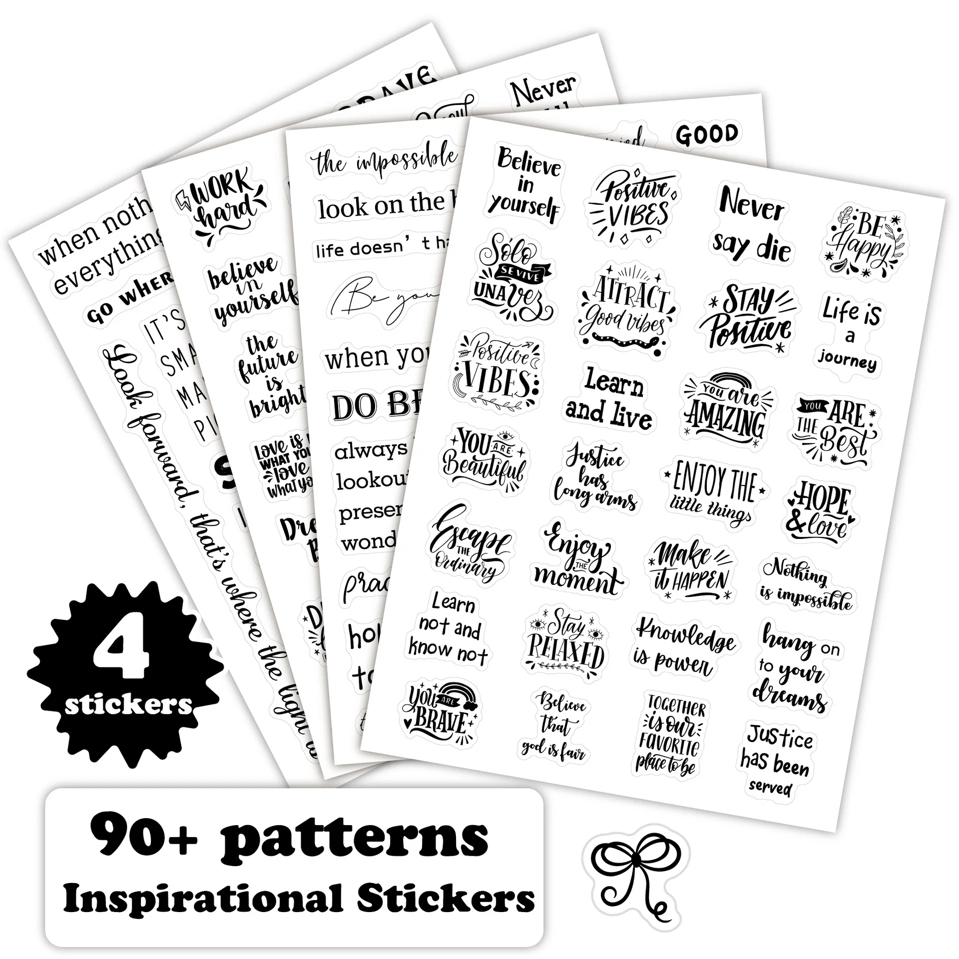 4pc Text Sticker Sheet Transparent encouraging handwritten quotes stickers, gift cards, books, gifts,  thank you stickers