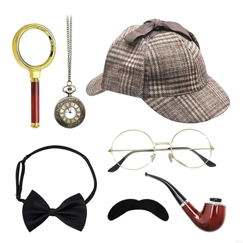 

2025 New 7Pcs Detective Costume Accessories for Adult Teen Detective Hat Eyeglass Pocket Watch Holmes Detective
