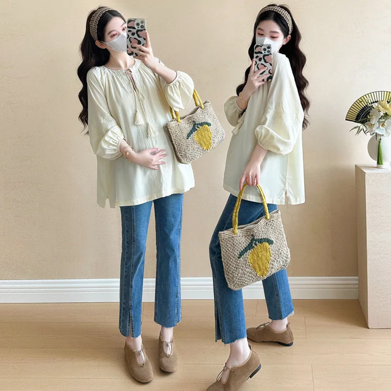 الأمومة أعلى 2025 الخريف جديد الكورية نمط فضفاض تنوعا الحد الأدنى لطيف فانوس كم بيبي دول بلوزة منتصف طول القمصان