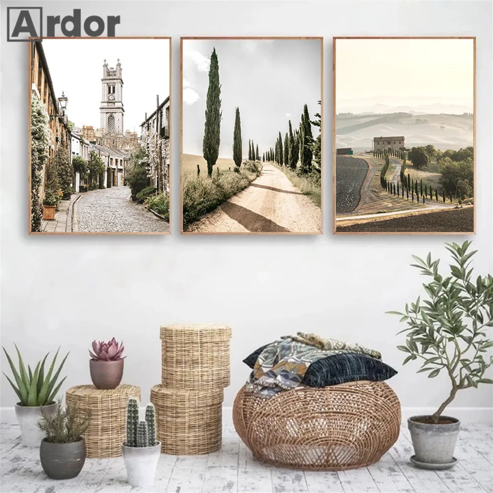 Village Wall Art Canvas Poster Green Tree Painting Italy Landscape Print Plant Posters Nordic Wall Pictures Living Room Decor