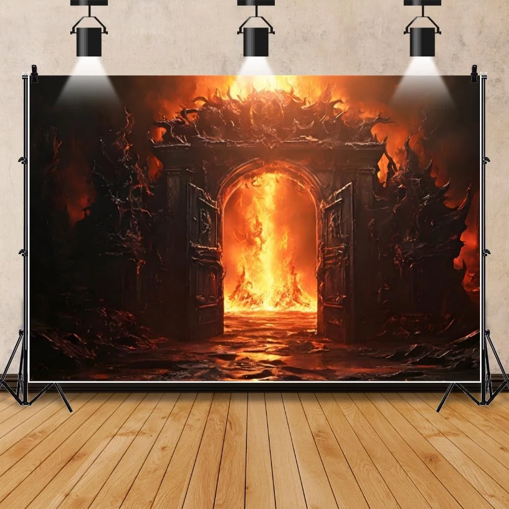 Halloween Hell Gate Devil Fire Backdrop Magic Arches Horror Theme Party Decor Ancient Castle Burning Flame Background Photo Prop