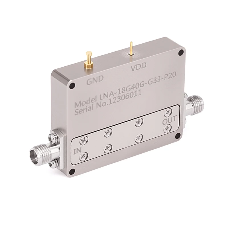 

2.92mm Female 33dB Gain 4.5dB Noise Figure 18-40GHz Low Noise Amplifier (LNA) 50 Ohm Aluminum Body Coaxial Connector RoHS