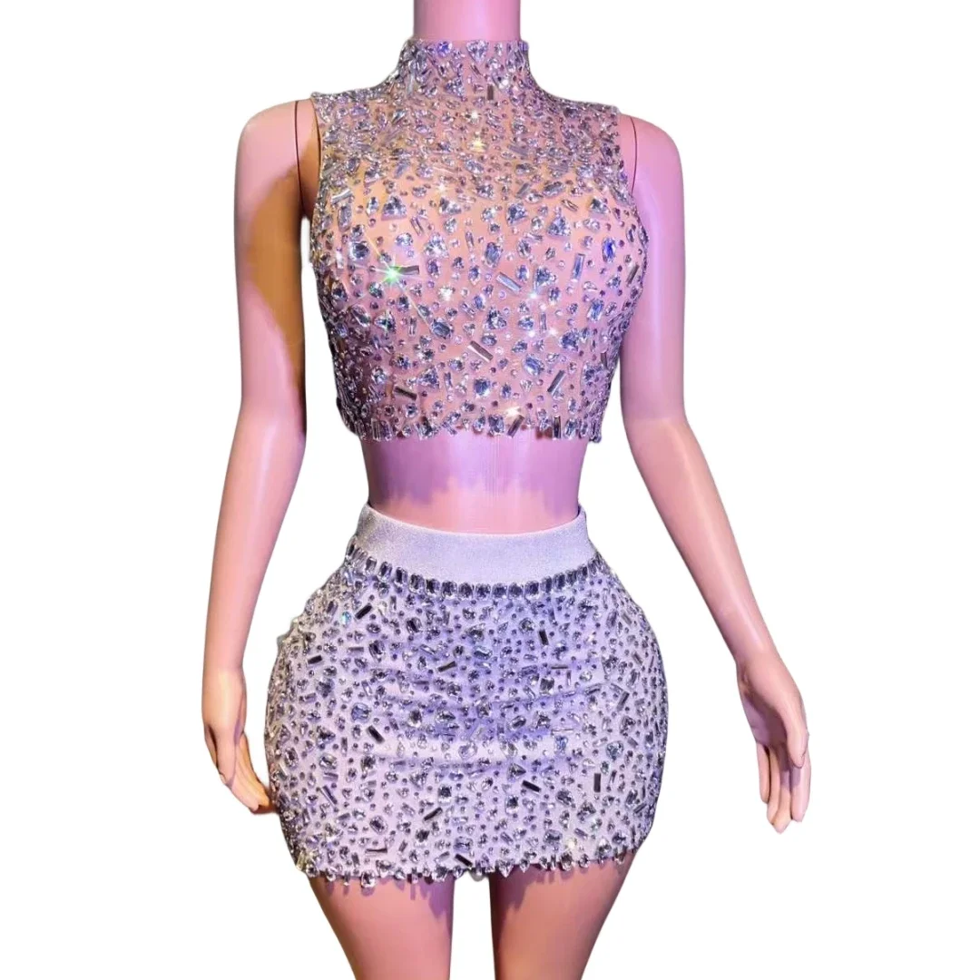 

Charming Holiday Bling Luxury Rhinestone Crystals 2 Pcs Set Top Skirts For Women Night Club Party Birthday Queen Outfit Goddess