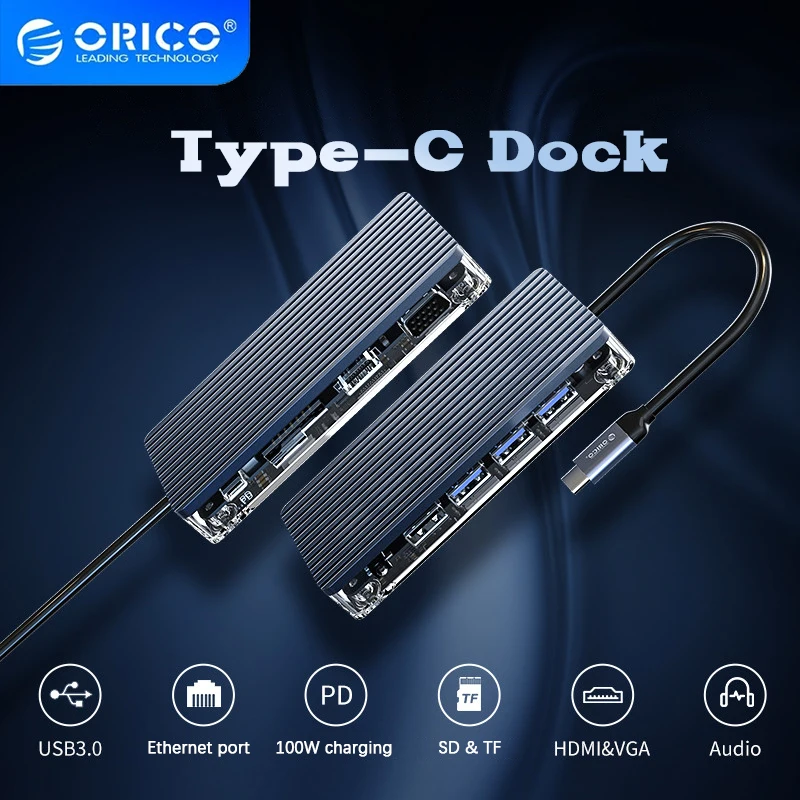 ORICO Type C Multifunctional Transparent Hub 8 in 1 USB-C to HDMI Converter PD100W Fast Charge Card Reader orico Official Store