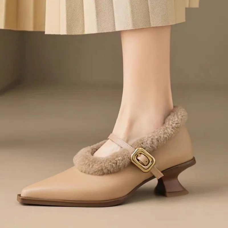 2024Elegant Metal Buckle Mary Janes  Chic  Brand Design Fur Low Heel Dress Shoes Ladies Winter Warm Plush Belt Pump Zapatos